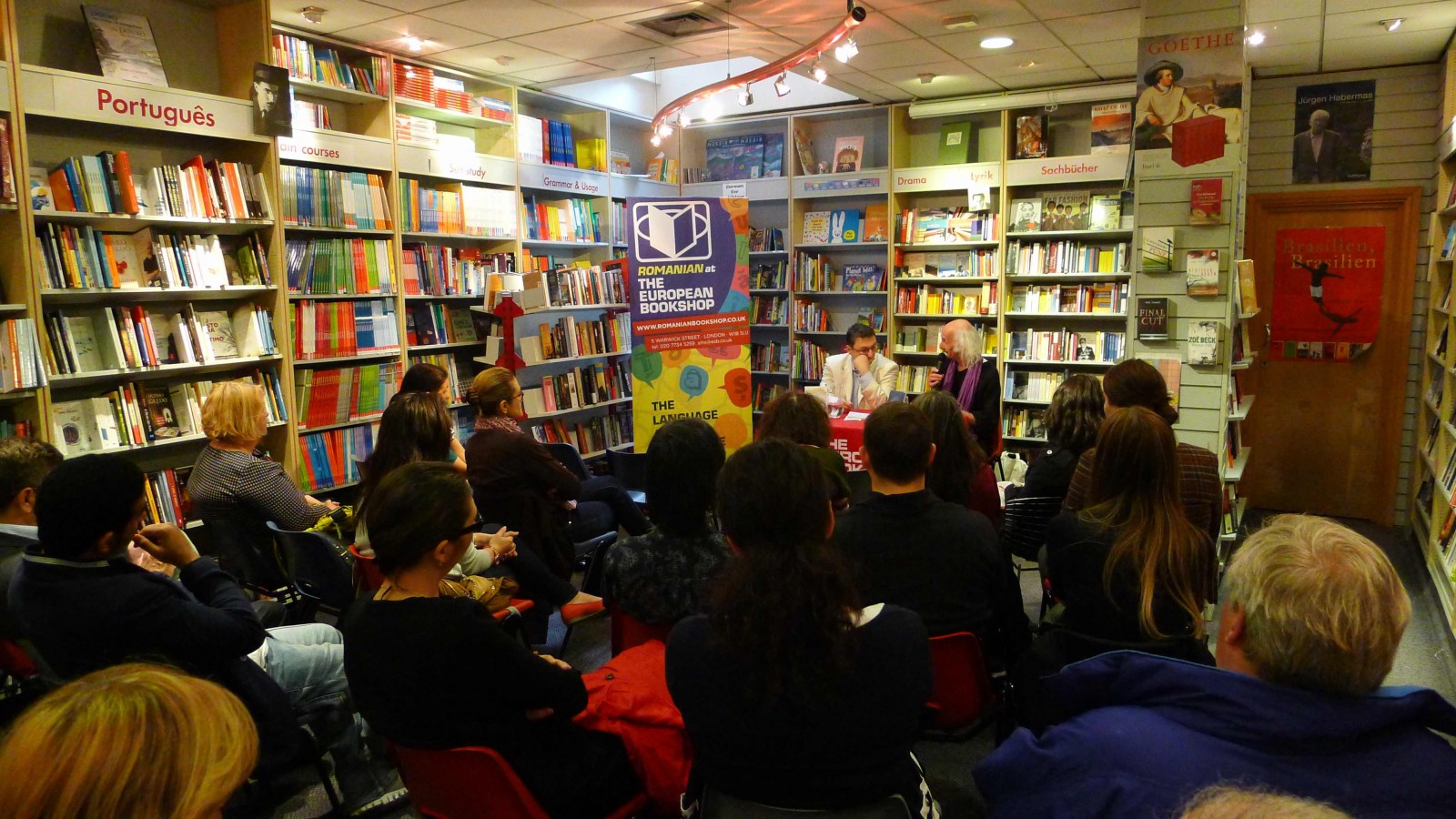 Bogdan Suceavă and the poet Stephen Watts at the book launch of "Miruna, a Tale", at European Bookshop, London, on May 14th, 2014.
